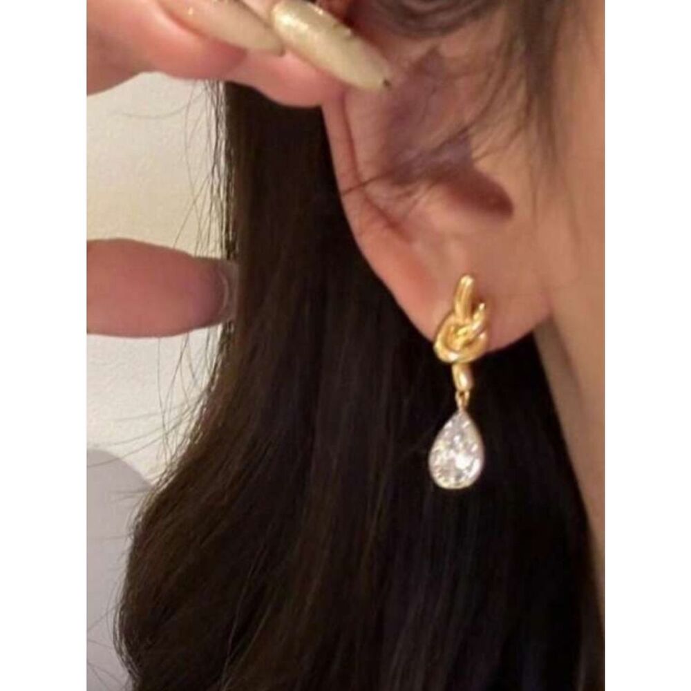 Gold Knot Drop Earrings with Teardrop Crystal - Women Jewelry R 479